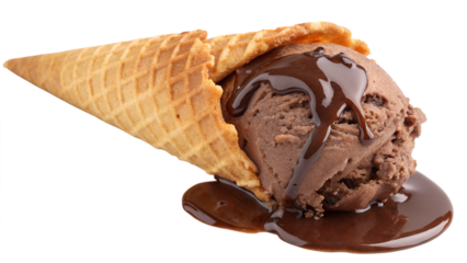 Chocolate ice cream cone with dripping fudge sauce isolated PNG with Transparent Background