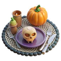 Whimsical halloween dinner setting with skull dessert candle and pumpkin isolated on transparent background