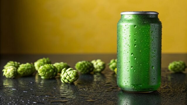 green tin can with hops around, without lettering on a yellow background for advertising beverages - Powered by Adobe