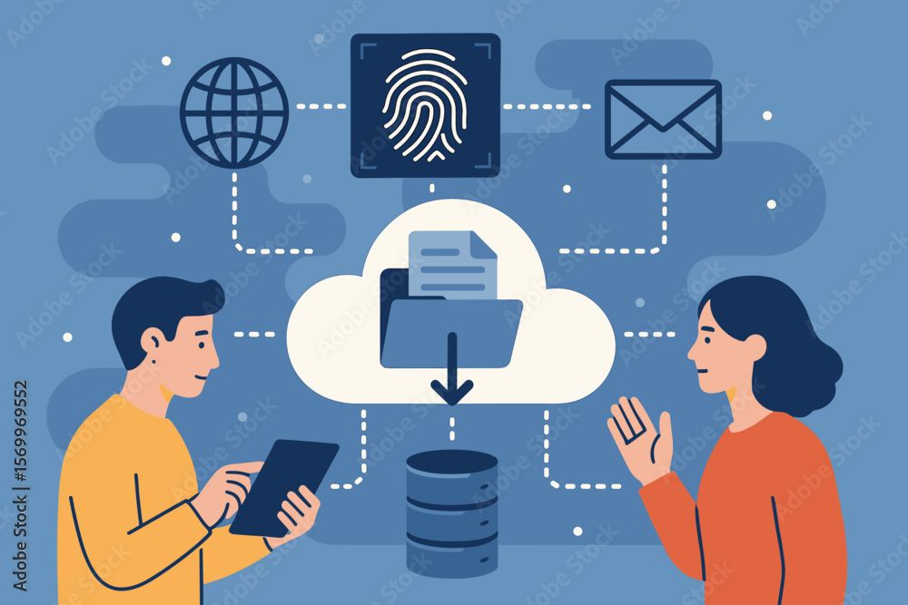 Poster cloud technology and data storage concept. biometric security with fingerprint authentication. busin