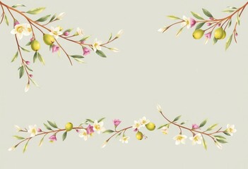 Olive branch border with delicate floral elements, seamless repeat,  mediterranean,  seamless