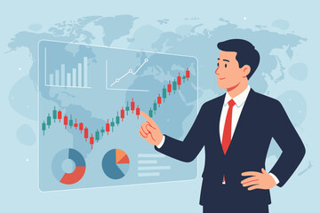Businessman analyzing stock market data on a virtual interface. Trader pointing at candlestick chart for financial investment. Global business, finance, and technology concept.