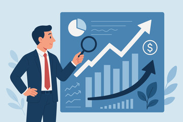 Businessman analyzing stock market trend with magnifying glass. Financial analysis of economic graph for sustainable growth and investment. Data analytics concept illustration.