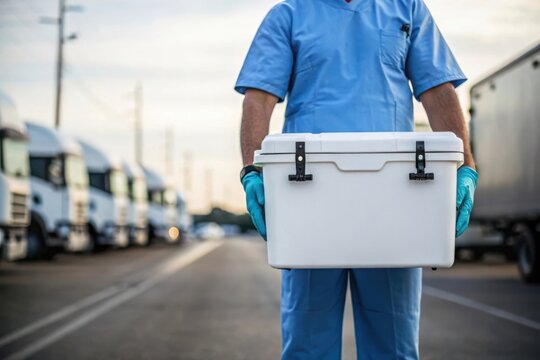 Medical professional transports a cooler box with a fleet of trucks in the background