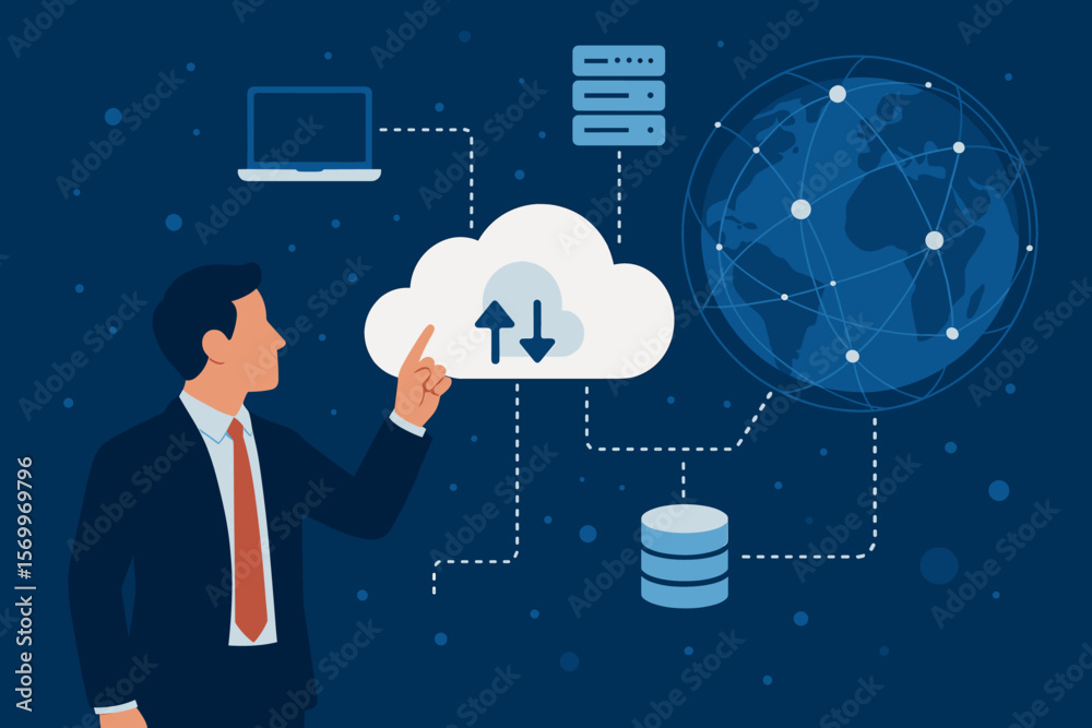 Poster businessman and cloud computing technology for big data storage on a global network. digital service