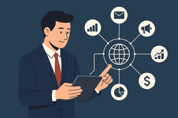 Businessman with tablet analyzes business sales data. Digital marketing, global network connection, financial investment and strategy concept with growth graph and chart icons.