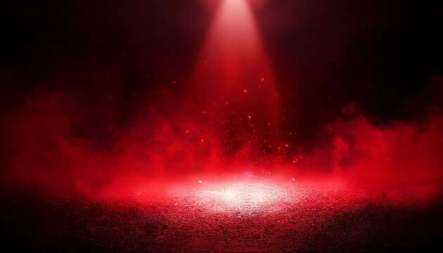 dramatic dark bold red smoky misty fire colorful background glowing spotlight highlight and floating dust particles on reflective ground cinematic studio product photography backdrop