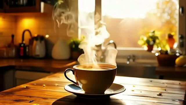 Steaming coffee cup on wooden table