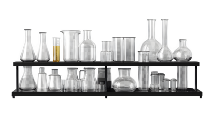 realistic school chemistry set mockup, front view with glassware, isolated on transparent background