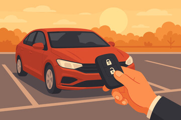 Hand with remote control unlocking car in parking lot. Man using smart key fob for keyless entry at sunset. Vehicle rental, car sharing, auto alarm security system concept.