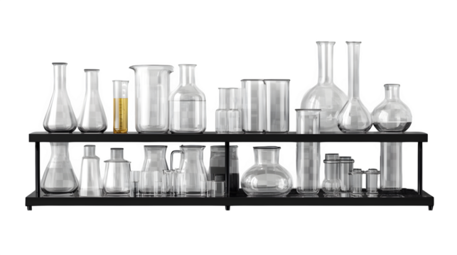 realistic school chemistry set mockup, front view with glassware, isolated on transparent background