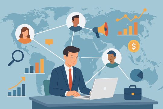 Global business network, digital marketing strategy, financial analysis, businessman using laptop, connecting customers and investors, sales data exchange, growth charts, world map