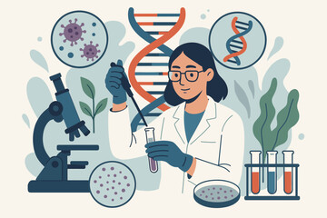 Genetic research laboratory scientist analyzing DNA helix, virus, microscope, test tubes, petri dish, biotechnology innovation, genome sequencing, molecular biology concept