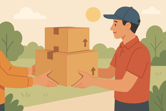 Courier delivering cardboard boxes to customer outdoors. Parcel handover, shipping, express delivery service, logistics, receiving packages, contactless delivery concept illustration