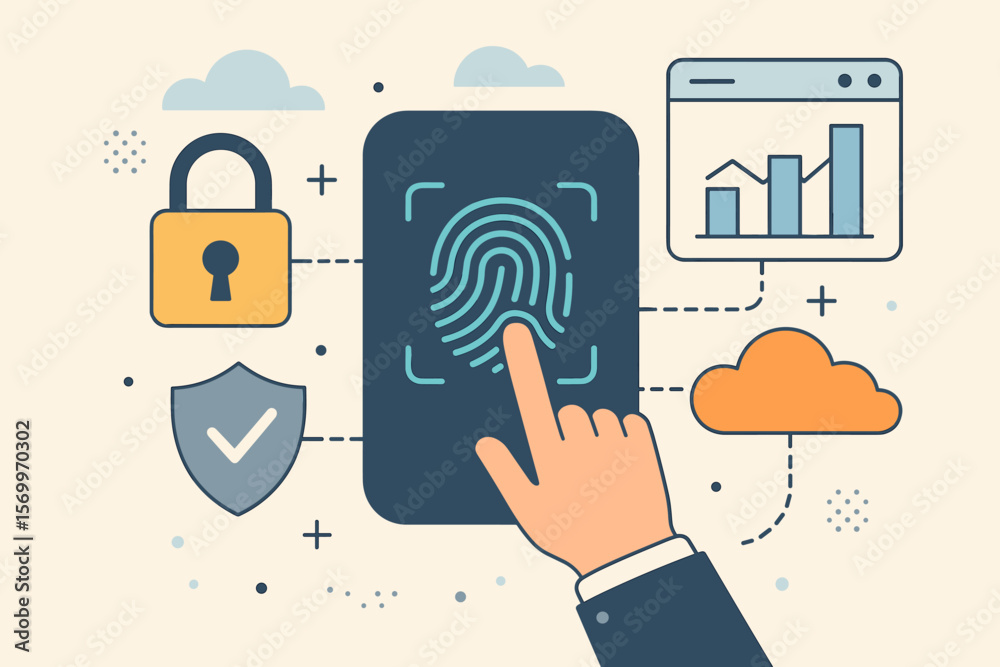 Poster fingerprint authentication unlocking secure business data access, cybersecurity network protection, 