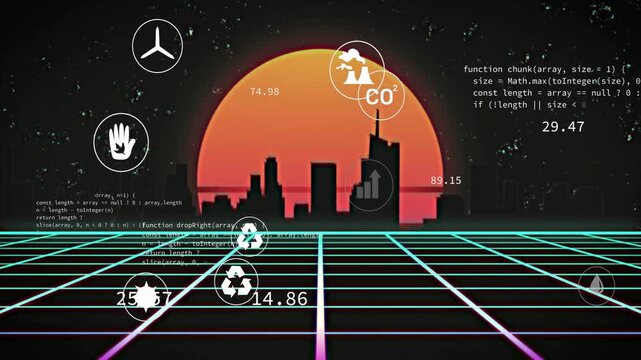 Upon code scrolling in, metric icons gliding across grid under skyline visualizing emissions trends