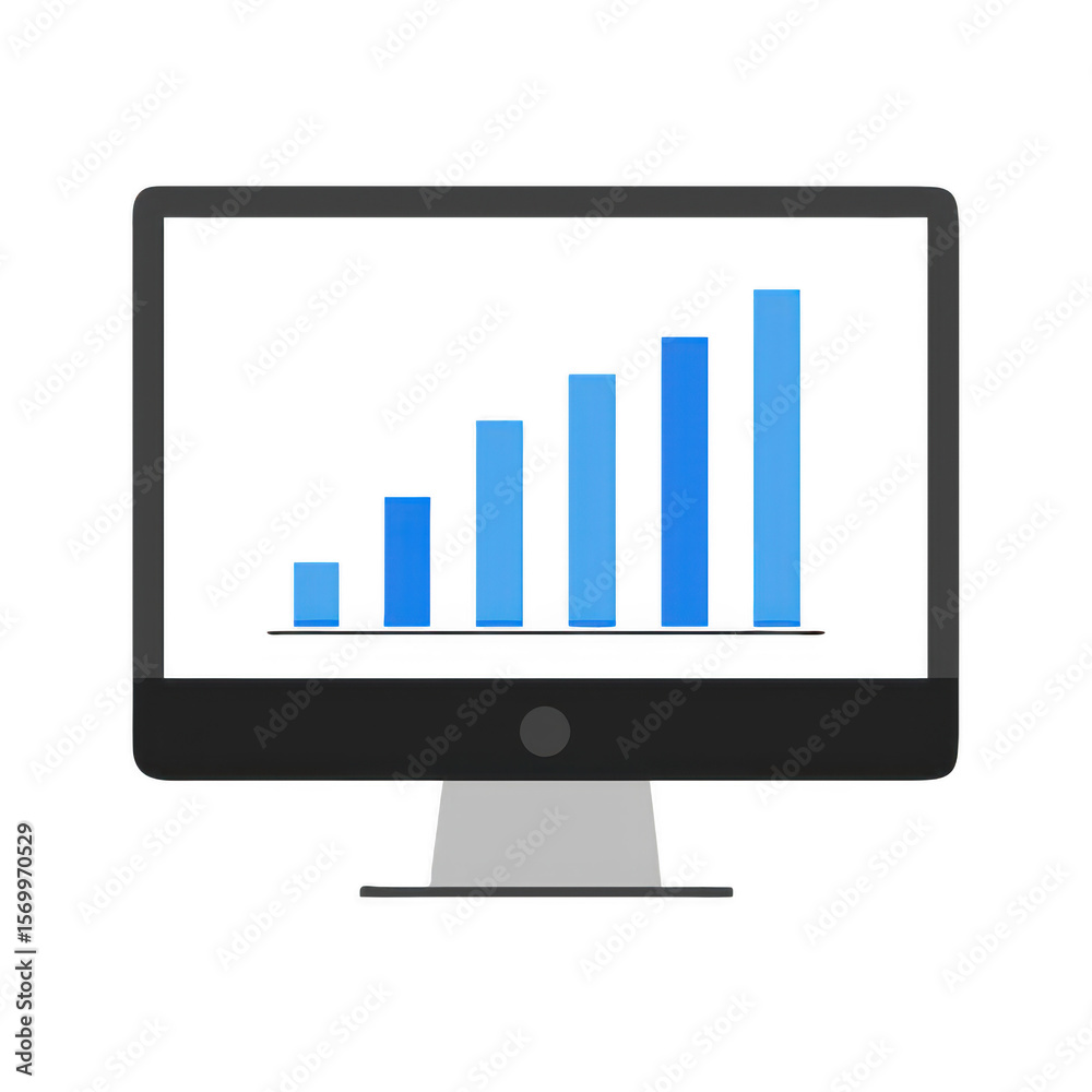 Poster Computer monitor displaying a growing bar chart isolated on transparent background