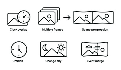 Time-Lapse Icons Set. Outline vector icons of time-lapse panoramas: clock overlay, multiple frames, transition