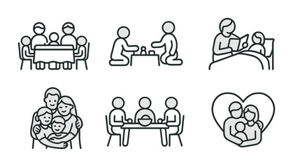 Fototapeta premium Quality Family Time Icons. Outline vector icons of quality family time: dinner table, board game, walk