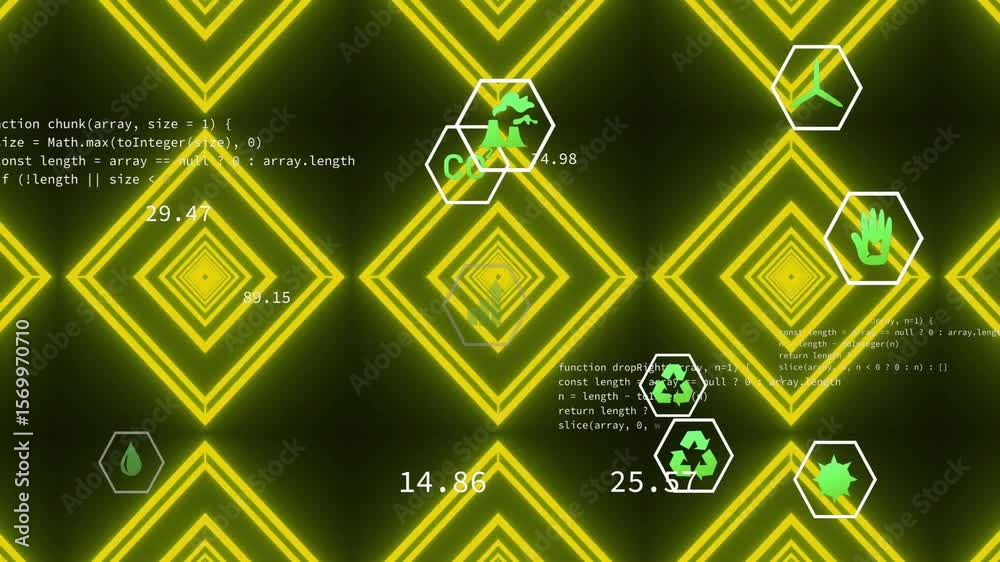 Poster opening rotating diamond grid while icons drifting and code scrolling simulating data updates
