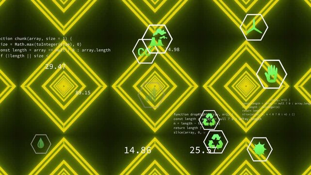 Opening rotating diamond grid while icons drifting and code scrolling simulating data updates