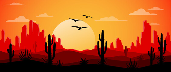 Landscape with desert, cactus and birds