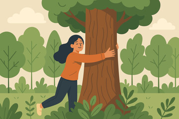 Woman Hugging Large Tree in Lush Forest, Environmental Protection, Nature Conservation, Eco Activism, Save the Forest, Renewable Energy, Earth Day, Modern Flat Vector Illustration