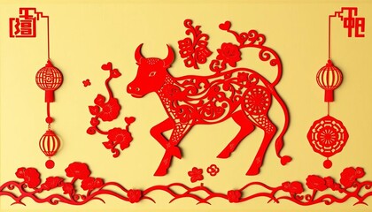 Intricate red Chinese calf paper cut design, auspicious symbols, folk art, cut, lunar new year