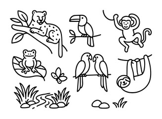 Fototapeta premium Jungle Harmony Icons. Outline vector icons of jungle animals in harmony: leopard in tree, toucan on branch,