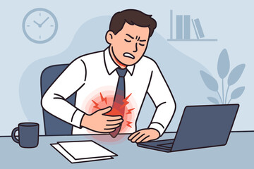 Businessman suffering stomach pain at office desk, stress-related abdominal discomfort, gastrointestinal disease, work pressure, health risk, healthcare, insurance concept illustration