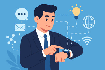 Businessman using smart watch app for business communication. Wearable technology. Network connection concept with idea, internet, email icons. IoT innovation. Flat cartoon vector.