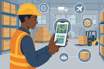 Warehouse worker using smartphone app for global logistics tracking, inventory management, supply chain distribution, shipping, freight transport, order processing, warehouse automation