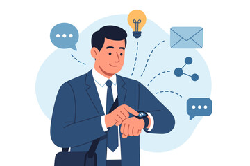 Businessman managing tasks on a smartwatch. Concept of wearable technology, communication, innovation, and business connectivity. Modern flat vector cartoon illustration.