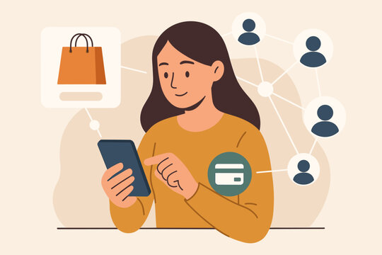 Woman using smartphone for online shopping and mobile payments, digital marketing, e-commerce, customer network connection, fintech, m-banking, omni-channel vector illustration