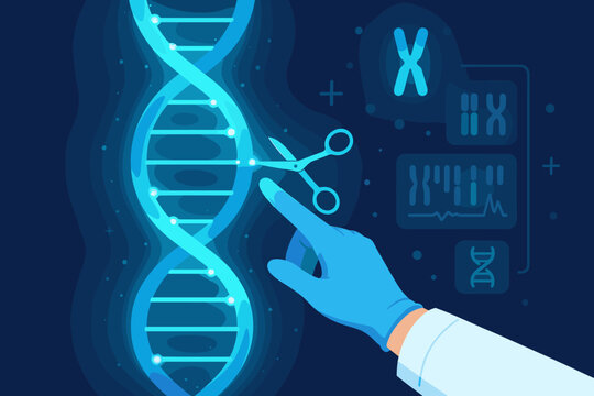 Gene editing vector concept. Hand cutting DNA double helix. Genetic engineering, gene therapy, chromosome analysis. Biotechnology, CRISPR technology, science research futuristic.