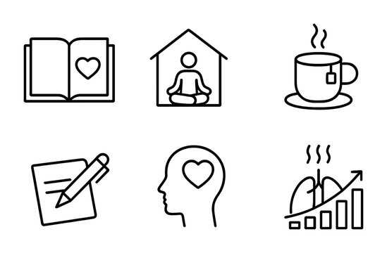 Healing Reflection Icons. Outline vector icons of solo healing and reflection: journal heart, quiet time,