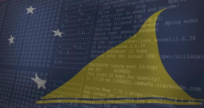 Tokelau flag waving as terminal text appearing, scanning network for analysis, revealing interfaces