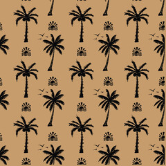 Seamless pattern of black shape south african trees. Palms with coconuts in simple style. Tropical, beach tree for jungle decoration, bounty coast. Vector background in flat style for fabric.
