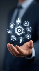 IT Consulting. Businessman holds digital consulting network connecting icon representing IT solutions, focusing on innovation, strategy, optimization, growth, and technology-driven success	
