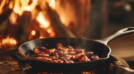 Cooking delicious bacon in cast iron skillet over open fire for breakfast camping experience outdoors