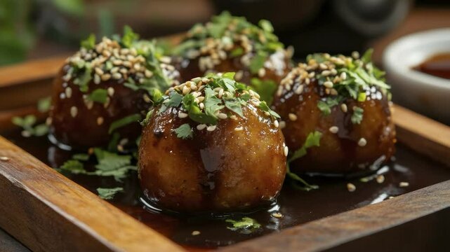 Four glazed meatball appetizers, garnished with sesame seeds and cilantro, served on a wooden tray.