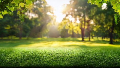 natural grass in park and trees background with blurred bokeh and sun rays