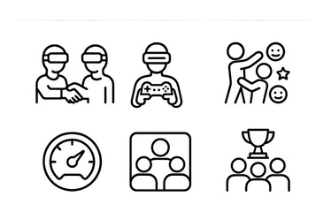Metaverse Team Icons. Outline vector icons of metaverse team building: avatar handshake, virtual games, trust