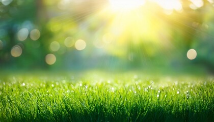 Obraz premium natural spring grass field background with blurred bokeh and sun rays