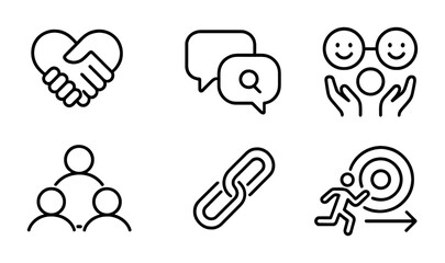 Connection Icons Set. Outline vector icons of building meaningful connections: heart handshake, message bubble