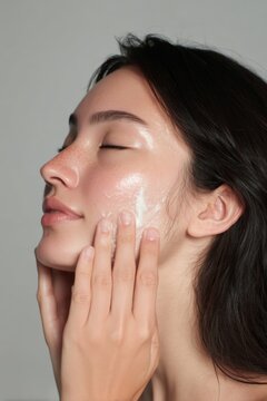 Hermosa mujer, asi&aacute;tica, aplic&aacute;ndose, crema hidratante en el rostro, concepto de modelo y belleza.