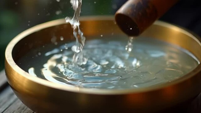 An extreme macro view of a singing bowl's vibration creating bouncing water droplets and ripples, demonstrating sound physics and energy
