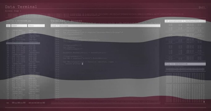 Animated flag waving then terminal window fading in while code loading for secure access simulation
