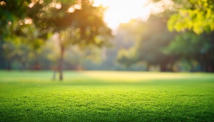 Naklejka premium natural grass field background with blurred bokeh and trees in park