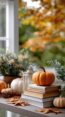 Autumn backdrop featuring stacked books and a pumpkin on a wooden table with blurred nature scenery perfect for educational or social themes
